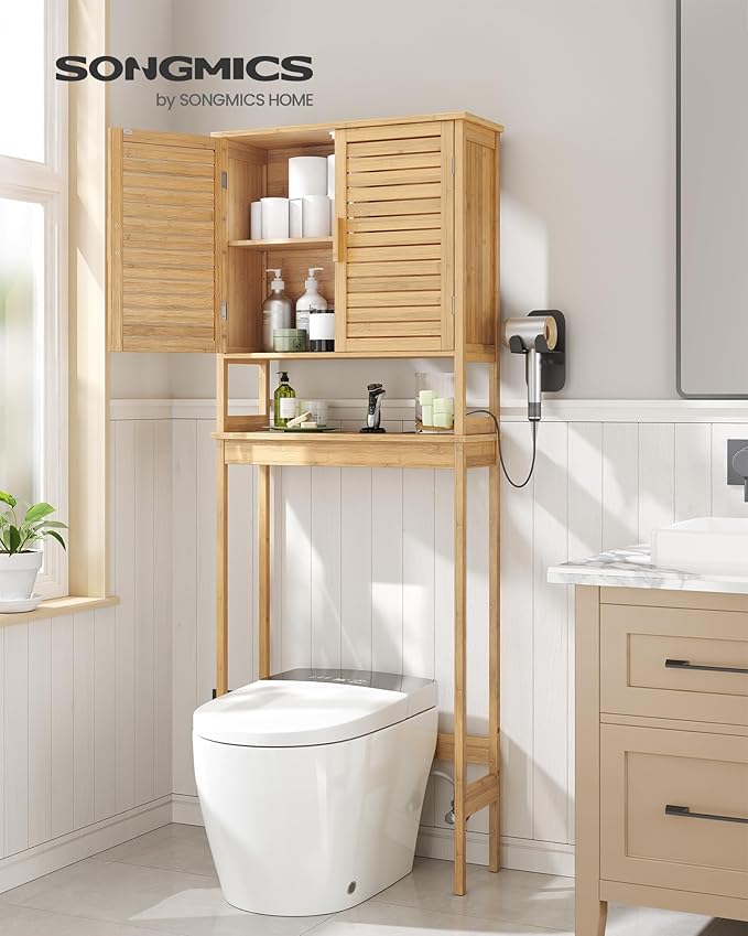SONGMICS Over The Toilet Storage Cabinet with Charging Station, Bathroom Cabinet with Adjustable Inside Shelf and Bottom Stabilizer Bar, Space-Saving Toilet Rack, Natural Beige UBTS015N01