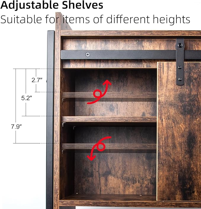 Over The Toilet Storage Cabinet, Behind Toilet Bathroom Organizer with Adjustable Shelves, Above Toilet Organizers with Barn Door, Space Saver for Restroom, Bathroom, Laundry, Rustic