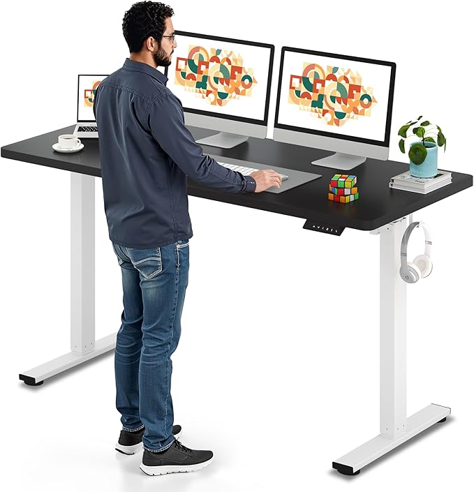 SANODESK Electric Standing Desk 60 x 24 Inches Whole-Piece Desktop Height Adjustable Stand Up Desk w/6-Button Controller Ergonomic Computer Desk for Home Office, White Frame + Black Tabletop