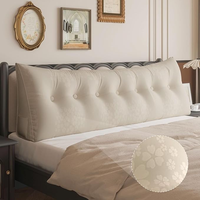 WOWMAX Headboard Pillow – King Size Reading Wedge Backrest for Bed, Handmade Firm Support Bolster Cushion with Removable Cover, Jacquard Satin Fabric 100% Pure Cotton, Light Beige