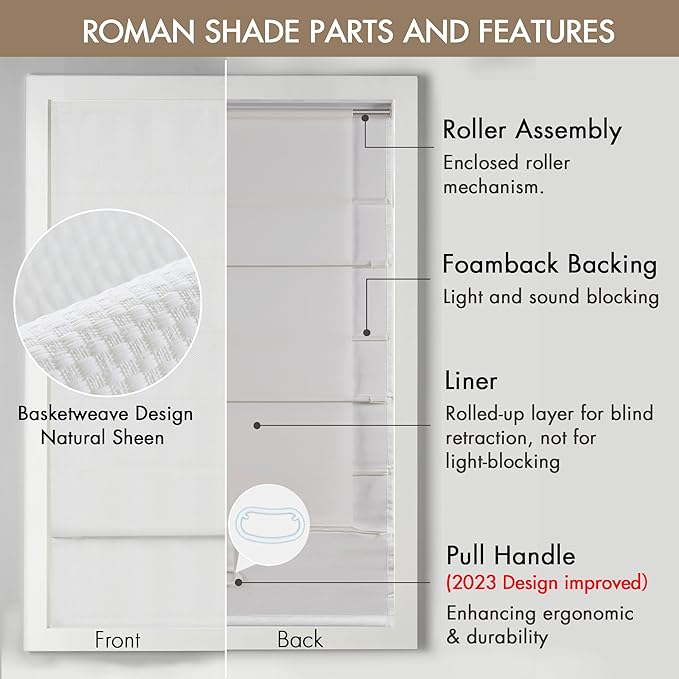 Madison Park Galen Cordless Roman Shade, 31"W x 64"H, Sheen White – Room Darkening, Thermal Insulated, Energy Efficient Window Blind with Subtle Sheen Basketweave Fabric for Privacy