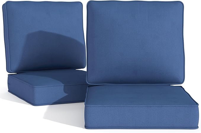 Outdoor Chair Cushions 23" x 24" x 4", Patio Deep Seat Replacement Cushions Set with Zippered Removable Cover, Weather-Resistant Olefin Fabric for Garden Chair Sofa Couch, Set of 2, Blue