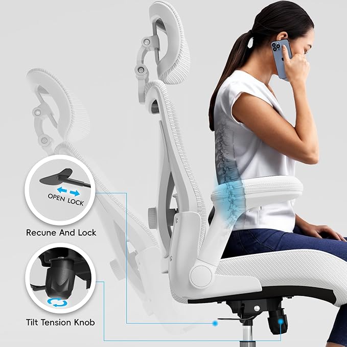 Office Home Ergonomic Desk Chair-Computer X-Shaped Chair Mesh PU Leather with Adjustable Lumbar Support-Executive Chair High Back with Headrest Flip-Up Arms for Long Hours (White)