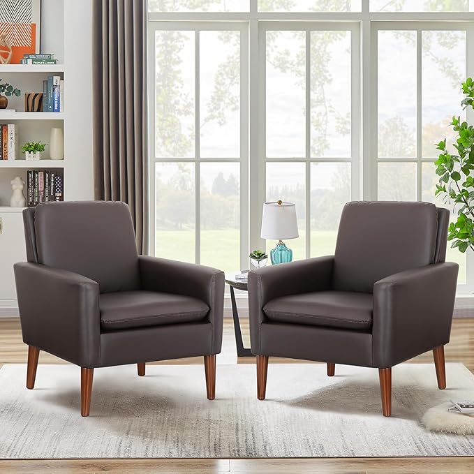 Lohoms Faux Leather Accent Chair, Upholstered Living Room Armchair, Comfortable Reading Leisure Chairs for Bedroom, Guest Room, Waiting Room Furniture Seat- Brown