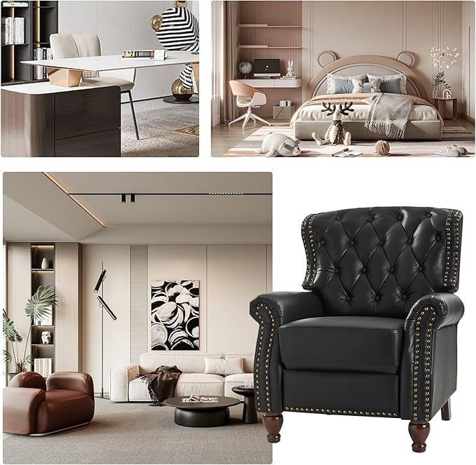 HULALA HOME Genuine Leather Recliner Chair with Solid Wood Feet, Modern Adjustable Tufted Push Back Arm Chair w/Rivet Decoration, Home Theater Seating Single Reclining Sofa for Living Room, Black
