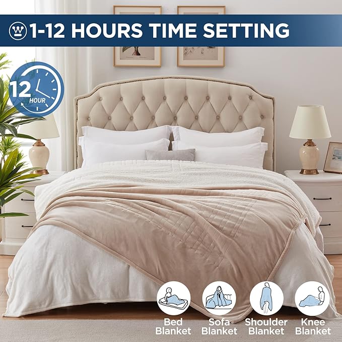 Westinghouse Electric Blanket King, Heated Blanket King Size with 10 Heating Levels and 1 to 12 Hours Heating Time Settings, Flannel to Sherpa Reversible, Machine Washable (90" x 100", Beige)