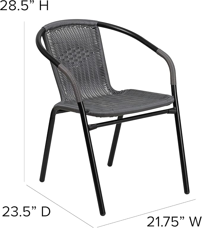 EMMA + OLIVER Set of 2 Modern Rattan Indoor/Outdoor Stack Chairs, Stacking Rattan Patio Chairs with Curved Back and Cross Bracing, Gray