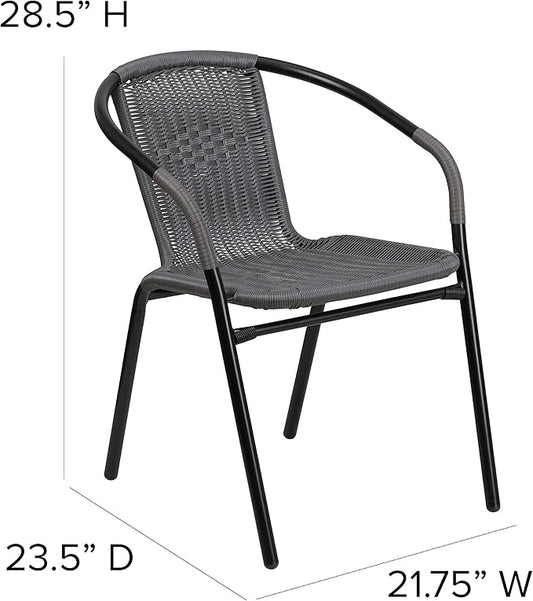 EMMA + OLIVER Set of 4 Modern Rattan Indoor/Outdoor Stack Chairs, Stacking Rattan Patio Chairs with Curved Back and Cross Bracing, Gray