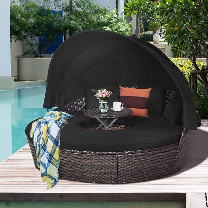 COSTWAY Patio Round Daybed with Retractable Canopy, Wicker Furniture Sectional Couch with Separate Cushioned Seats, Adjustable Table Top, Patio Rattan Daybed Sofa for Backyard, Poolside, Black