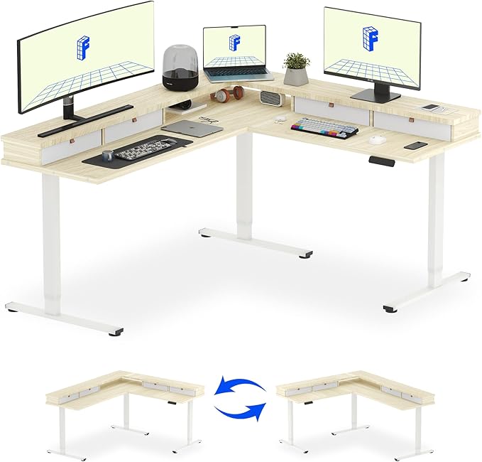 FLEXISPOT 71" L Shaped Standing Desk Electric Corner Table with Shelf, 4 Storage Drawers, Adjustable Computer Workstation for Home, Office, Game, Studio, USB Charger, Light Maple Top + White Frame