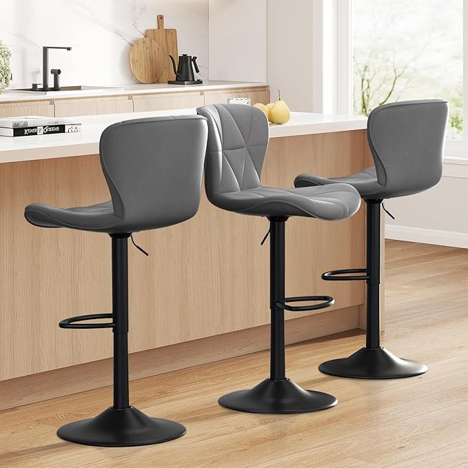 Bar Stools Set of 3,Adjustable Swivel Barstools, Faux Leather Bar Chairs,Upholstered Counter Height with High Backrest for Kitchen Island, Dark Grey