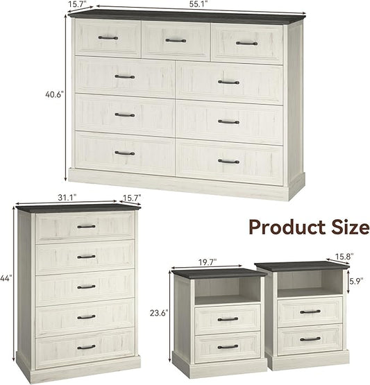 Farmhouse Dresser and Nightstand Sets, 4Pcs Bedroom Furniture Set, Nightstand Set of 2 & 55" Wide 9 Drawer and 44" Tall 5 Drawer Dresser with Large Drawers & Bar Handles, White