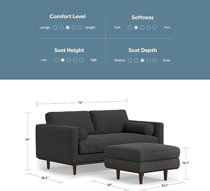 SIMPLIHOME Morrison Mid-Century Modern 72 inch Wide Sofa with Ottoman Set in Charcoal Grey Tightly Woven Performance Fabric for the Living Room and Family Room