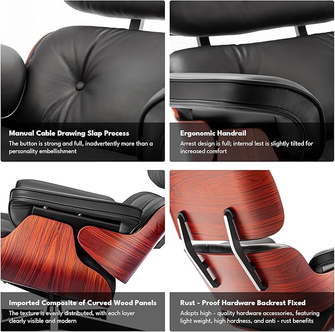 Top Black Grain Leather, Mid Century Chaise Lounge Chair and Ottoman, Modern Chair Classic Design, Heavy Duty Base Support for Living Room Study Lounge Office, Darkrosewood, Heightening