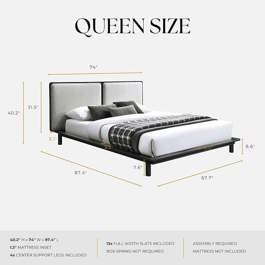 Nord Queen Size Wood Platform Bed | Box Spring Not Required | Black Frame and Cream Beige Boucle