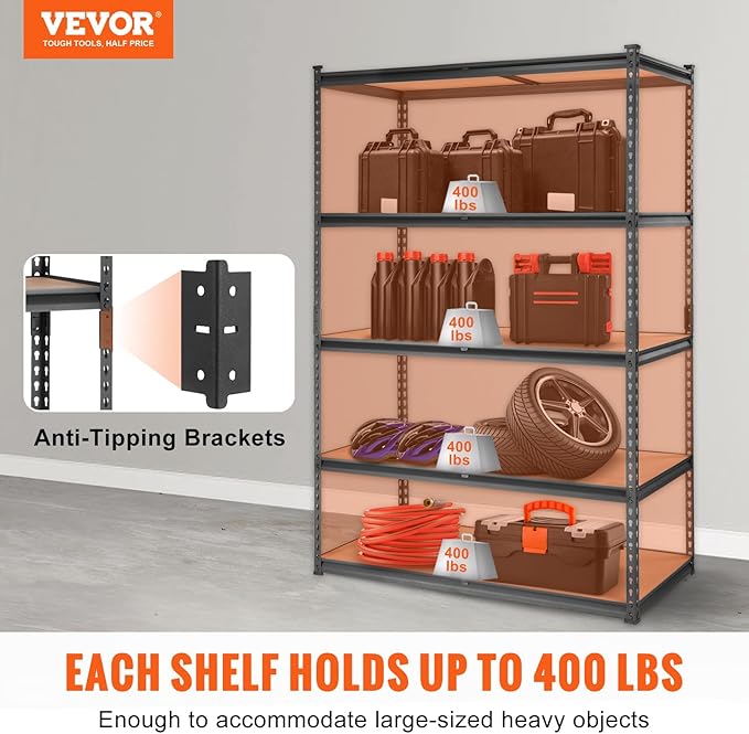 VEVOR Storage Shelving Unit, 5-Tier Adjustable Storage Shelves, 48" L x 24" W x 72" H Heavy Duty Garage Storage Shelves, Metal Shelves for Kitchen Pantry Basement Bathroom Laundry
