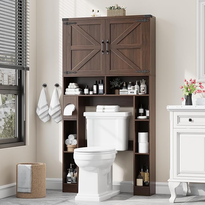 Vabches Over The Toilet Storage Cabinet, Farmhouse Storage Cabinet Over Toilet with 2 Barn Doors ,Toilet Paper Holder Stand,Home Space-Saving Toilet Rack, for Laundry, Restroom, Bathroom.Espresso.