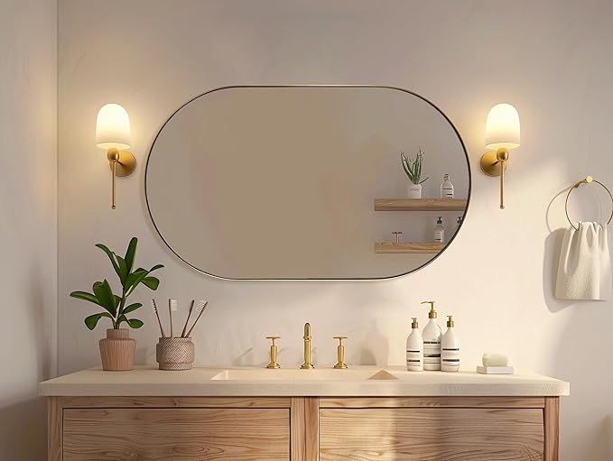 Andy Star Brass Oval Mirror, 24x40 Inch Bathroom Mirror Gold, Brass Vanity Mirror, Pill Shaped Mirrors Gold Metal Frame Stainless Steel 1’’ Deep Hang Vertically & Horizontally