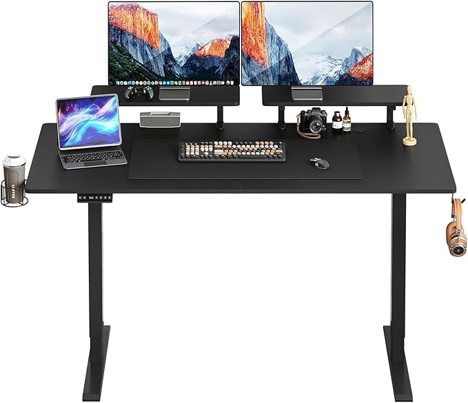 ONBRILL Standing Desk with 2 Adjustable Monitor Shelves, 63 x 24 Inches Electric Stand Up Desk with Memory Controller and Adjustable Height from 28-46 inches for Computer Workstations, All Black