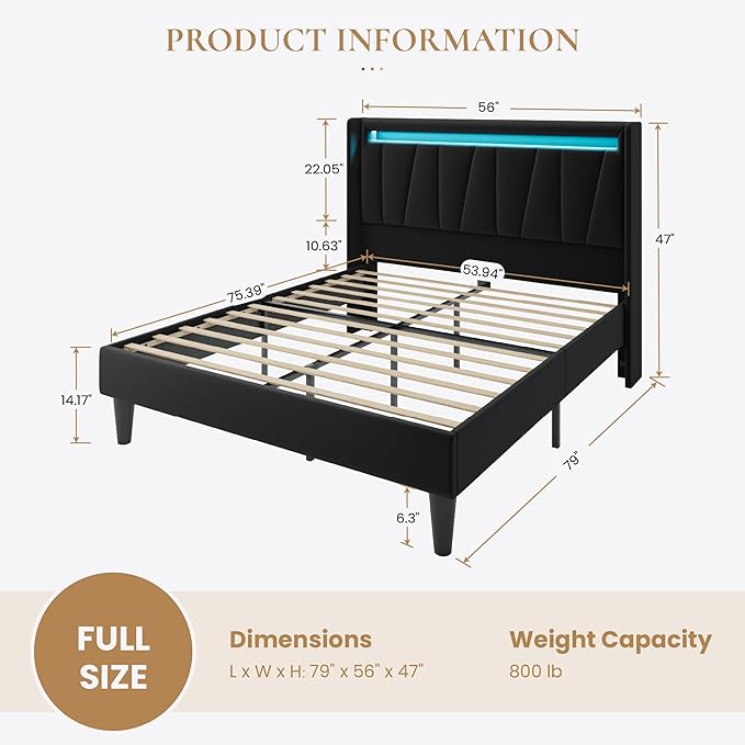 SHA CERLIN Full Size Bed Frame with Charging Station and LED Lights, Modern Velvet Platform Bed with Upholstered Geometric Wingback Headboard, No Box Spring Needed, Easy Assembly, Black