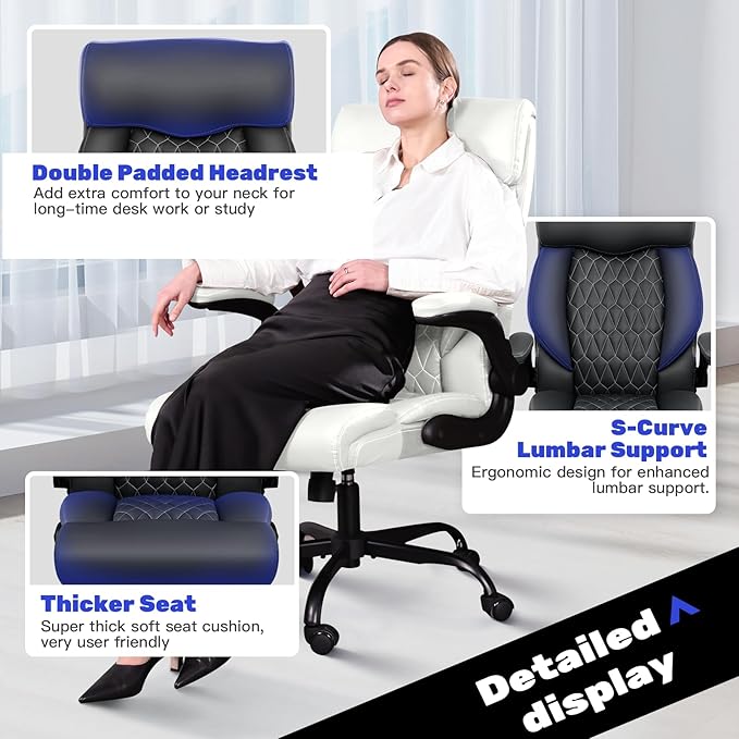 High Back Executive Office Chair - Ergonomic Computer Desk With Rocking Function, Leather Managerial With Adjustable Flip-Up Armrests and Lumbar Support