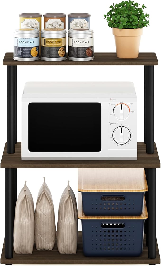 Furinno Turn-N-Tube 3-Tier Toolless Kitchen Storage Shelf, Columbia Walnut/Black