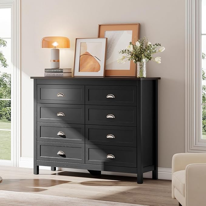 Black Dresser for Bedroom, Farmhouse 8 Drawer Double Dresser with Vintage Antique Handles, Modern Tall Dressers and Chest of Drawers for Bedroom