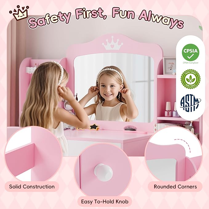 Kids Vanity, Girl Vanity Set with Storage Cabinet & Open Shelf, 2 In 1 Kids Vanity Table and Chair Set with Jewelry Storage, Princess Toddler Makeup Vanity with Mirror for Little Girls (Pink)