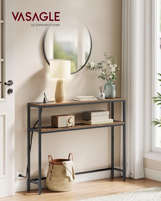 VASAGLE Console Table with Power Outlet, 2-Tier Narrow Sofa Table with 2 Shelves, 7.9 x 39.4 x 31.5 Inches, for Living Room, Hallway, Entryway, Rustic Brown and Ink Black ULNT136K01