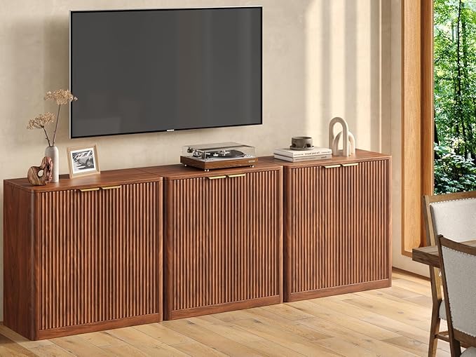 Evermagin 94.5" Walnut Buffet Cabinet with Storage, Large Sideboard Cabinet, Mid Century Modern Accent Credenza, Fluted Console Table with Doors for Dining Room, Kitchen, and Living Room
