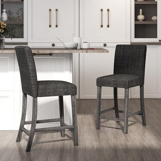COSTWAY Counter Height Bar Stools Set of 2, 24.5’’ Upholstered Mid Century Modern Island Chairs with Rubber Wood Legs, Wooden Barstools for Kitchen, Dining Room, Bar, Restaurant (Grey)