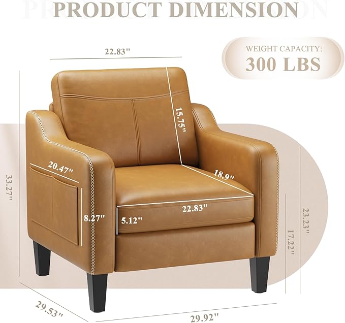 PU Leather Accent Chair, Mid-Century Modern Living Room Armchair Sofa with Removable Cushions, Solid Wood Frame & Stitched Armrest Design, Bedroom Chair with Plastic Legs, Brown