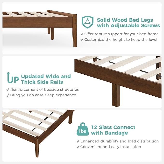 Queen Size Bed Frame, Malaysian Oak Bed Frame with Ladder Headboard, Solid Wood Bed Frames with Elevated Bed Legs, No Box Spring Needed, Noise-Free, Queen Size, Antique Espresso