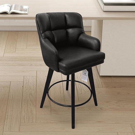 360°Swivel Counter Height Bar Stools with Back, 26 inch Solid Wood Legs, Bar Stool Modern Kitchen Island Chairs, Faux Leather (Black- Faux Leather, 26" H- Set of 6)