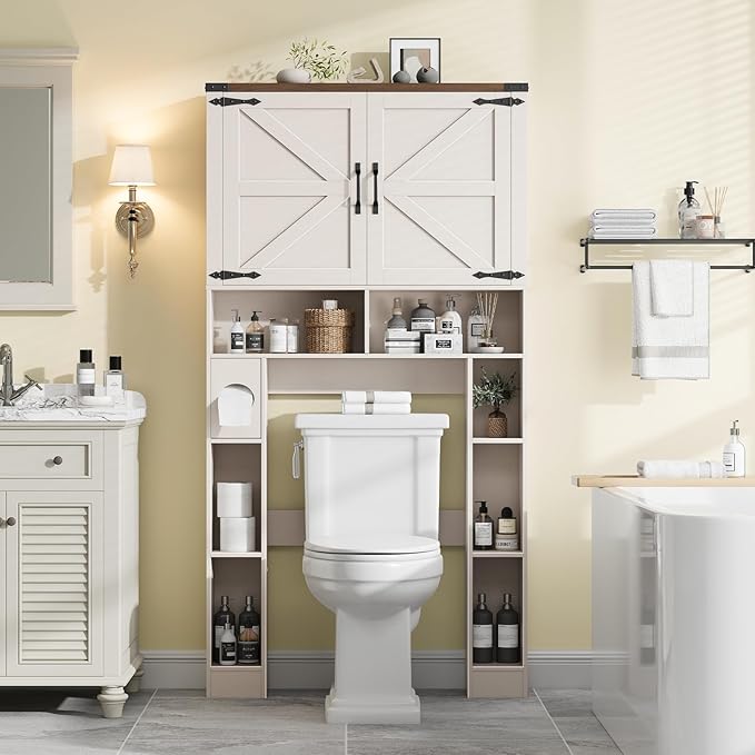 Over The Toilet Storage Cabinet, Farmhouse Storage Cabinet Over Toilet with 2 Barn Doors ,Toilet Paper Holder Stand,Home Space-Saving Toilet Rack, for Laundry, Restroom, Bathroom