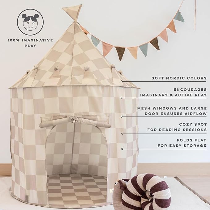 3 Sprouts Kids Play Tent - Sustainable Recycled Fabric β Fun Spacious Childs Playhouse for Indoor Games for Boys & Girls - Durable Fort Pop Up House for Toddlers & Children Age 3-10 - Checkered Beige