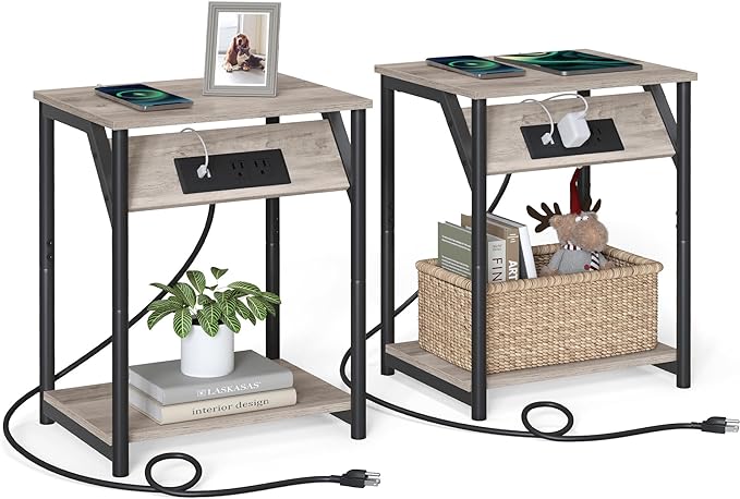 VASAGLE End Table with Charging Station, Set of 2, Small Side Tables for Living Room, Bedroom, Nightstand with Outlets and USB Ports, Bedside Table with Storage Shelf, Heather Greige and Black