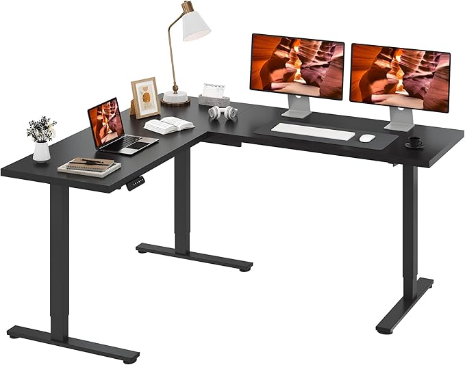 L-Shaped Standing Desk, 71 x 63 Inches Height Adjustable Desk, Sit and Stand up for Work Office Home, Ergonomic Rising Computer Table for Home Office with Splice Board, Black