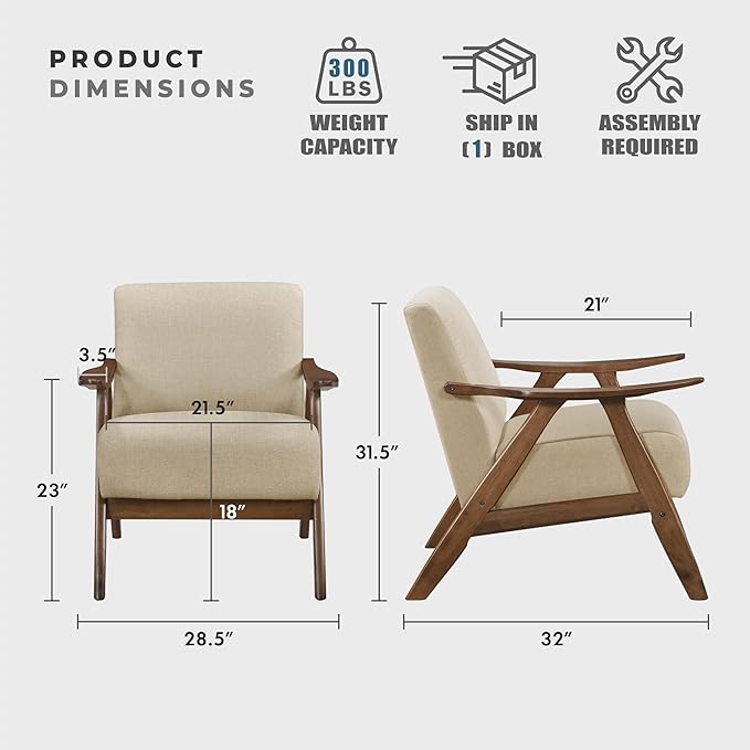 Lexicon Mid Century Modern Accent Chair with Solid Wood Frame in Walnut Finish, Upholstered Living Room Lounge Arm Chair, Thick and Comfy Innerspring Seat Cushion, Linen-Look Fabric, Light Brown