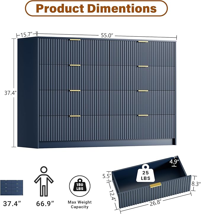 Navy Blue Dresser for Bedroom, Modern Dresser with 8 Drawers and Smooth Slides, Wide Chest of Drawers with Golden Handles for Bedroom, Closet, 15.7" D x 55" W x 37.4" H