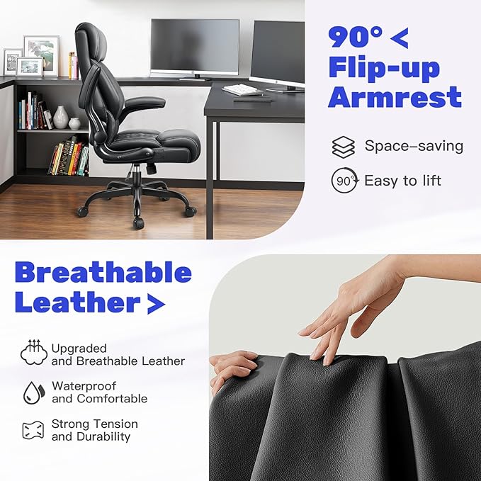Office Chair, High Back Executive Office Chair Ergonomic Computer Desk Chair with Rocking Function, Leather Managerial with Adjustable Flip-Up Armrests and Lumbar Support