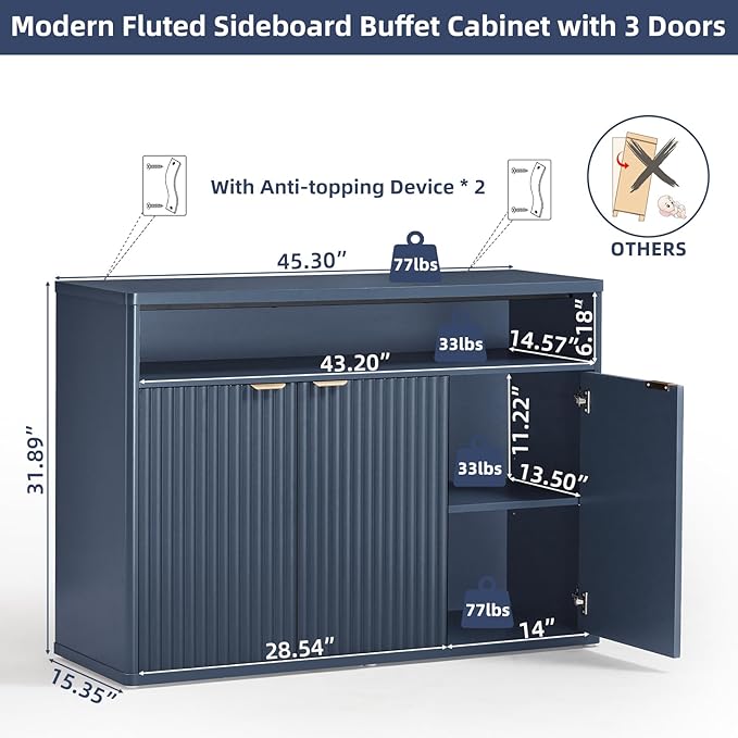 LEYAOYAO Fluted Buffet Cabinet with Storage, 45" Wide Wood Sideboard Credenza with 3 Doors & Open Storage Shelf, Modern Kitchen Console Accent Cabinets, Coffee Bar Table for Dining Room, Dark Blue