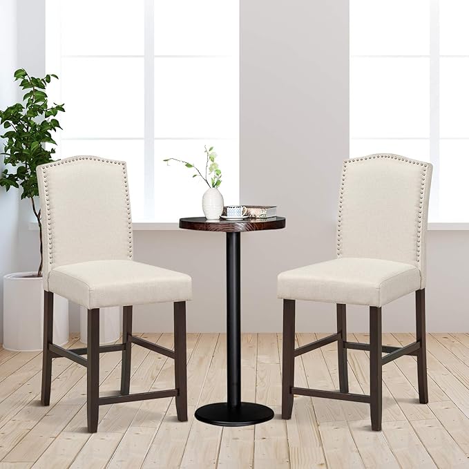 COSTWAY Bar Stools Set of 2, 25'' Upholstered Counter Height Bar Stools with S-Shaped Spring Thick Cushion, Rubber Wood Legs, High Back Leisure Chairs for Living, Kitchen, Dining Room (Beige, 2)