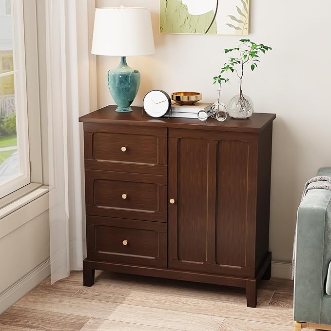 HLR Accent Cabinet with 3 Drawers and Door, Wooden Storage Cabinet with Shelves, Sideboard for Living Room, Entryway, Brown