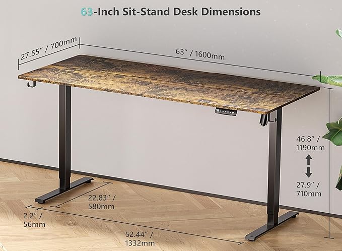 63 x 28 inch Electric Standing Desk Adjustable Height with 4 Wheels, 4 Memory Height Settings, 2 Headphone Hook, for Home Office, Splice Board Brown