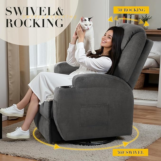 Recliner Chair, 360° Swivel Rocker Chair for Adults, Rocking Recliner Chair with Massage, Comfy Single Sofa with Side Pockets Cup Holders for Living Room, Bedroom, Nursery (Fabric, Dark Gray)