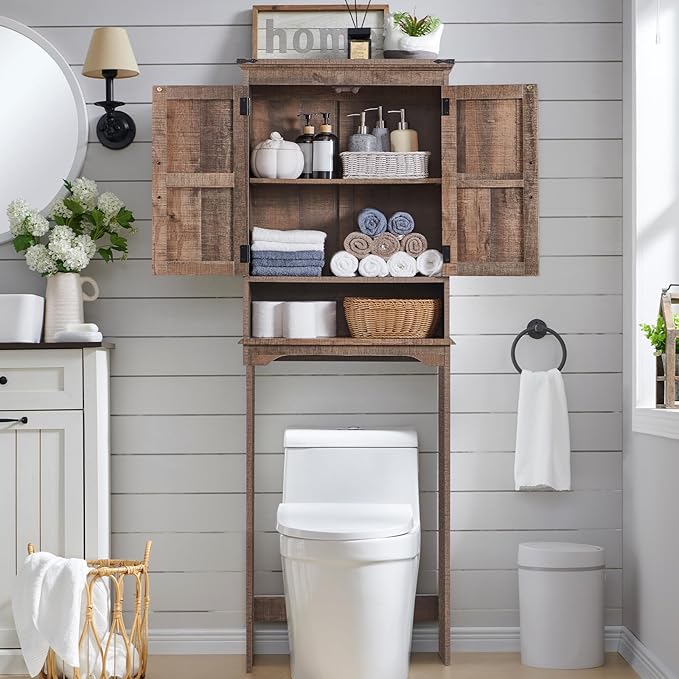 ACCOHOHO Over The Toilet Storage Cabinet, Farmhouse Bathroom Cabinet with Adjustable Shelf & Barn Door, 67" Tall Over The Toilet Shelf, Rustic Brown