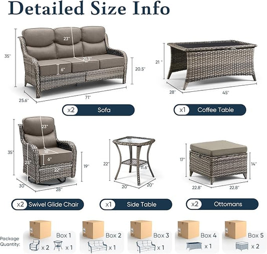 Belord Luxury 6" Thick Cushioned 8 Pieces Patio Furniture Set with Outdoor Couch, Wicker Outdoor Conversation Set with High Back Swivel Rocker Chairs for Deck Porch Yard and Poolside - Grey+Grey