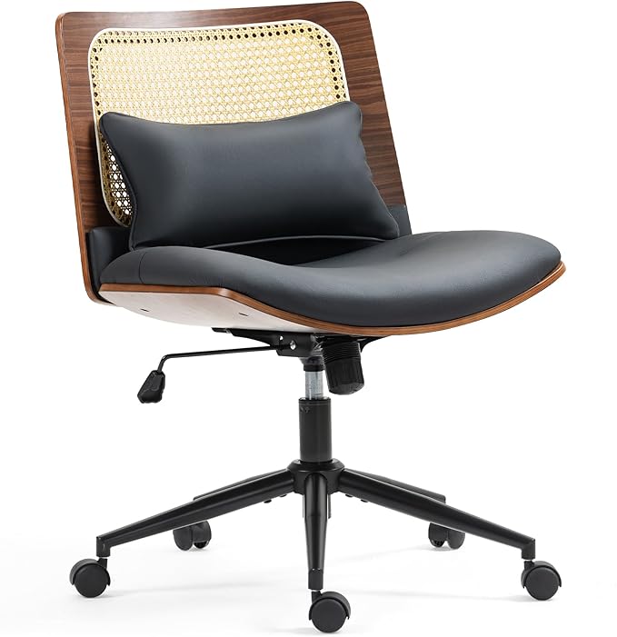 Rattan Office Chair, Criss Cross Legged Office Desk Chairs with Wheels, PU Leather Adjustable Swivel Walnut Task Chair with Wide Seat, Ergonomic Mid Back Computer Chair for Meeting Room, Home