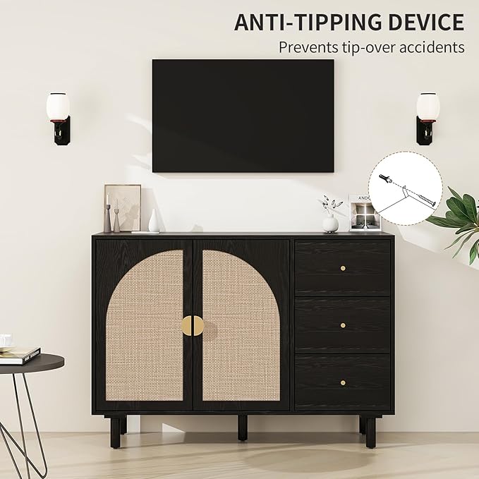Black Sideboard Cabinet with 2 Rattan Doors and 3 Drawers, Rattan Buffet Cabinet with Adjustable Shelves & Pine Legs, Boho Sideboard Buffet for Living Room, Kitchen, Entryway, Black
